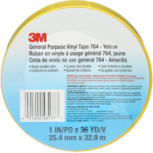 Ruban en vinyle pour travaux g&eacute;n&eacute;raux 764, 25,4 mm (1") la x 32,9 m (108') lo, 5 mils, Jaune Pathway Supply LP
