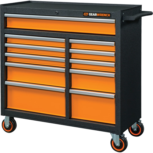 GSX Series Rolling Tool Cabinet, 11 Drawers, 41" W x 18-1/5" D x 41-1/2" H, Black/Orange Pathway Supply LP