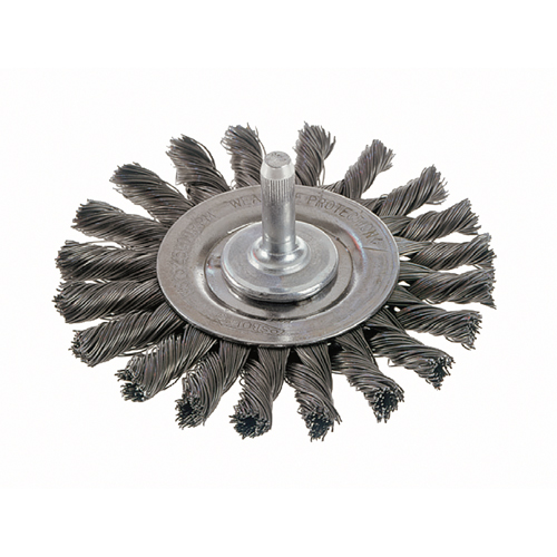 Brosses rotatives &agrave; fils nou&eacute;s - Brosse rotative &agrave; fils nou&eacute;s a/queue 1/4", fils nou&eacute;s standards, Dia. 4", Fils 0,014", Acier inoxydable Pathway Supply LP