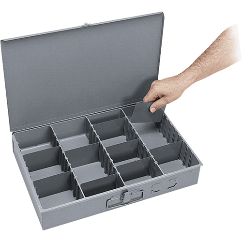 Adjustable Compartment Boxes, Steel, Variable Slots, 18" W x 12" D x 3" H, Grey Pathway Supply LP