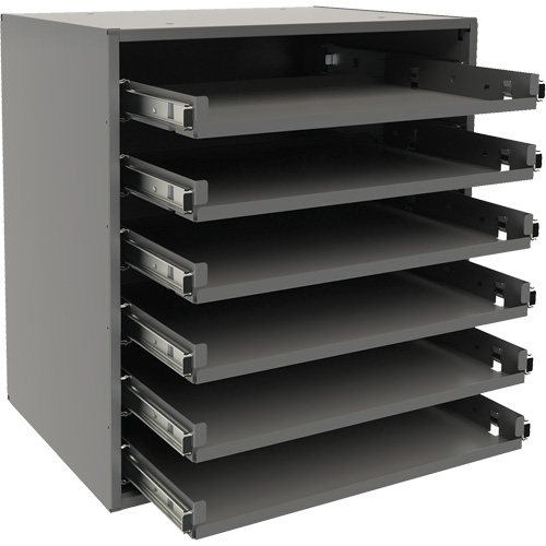 Small Bearing Slide Rack, Steel, 6 Slots, 15-9/16" W x 11-7/8" D x 16-3/8" H, Grey Pathway Supply LP