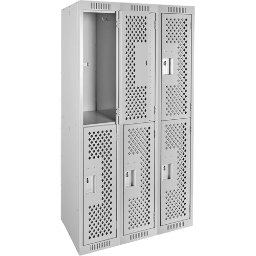Clean Line Lockers, 2 -tier, Bank of 3, 36" x 15" x 72", Steel, Grey, Rivet (Assembled), Perforated Pathway Supply LP