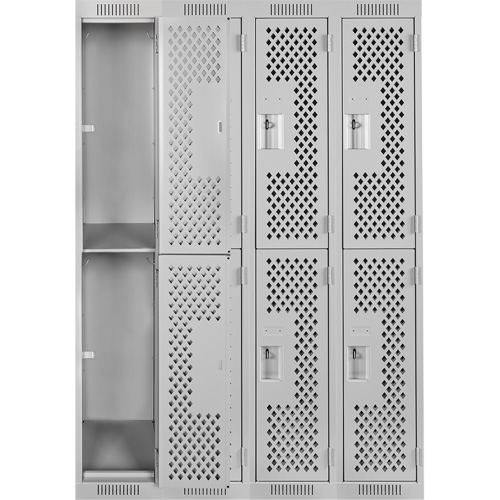 Clean Line Lockers, 2 -tier, Bank of 4, 48" x 15" x 72", Steel, Grey, Rivet (Assembled), Perforated Pathway Supply LP