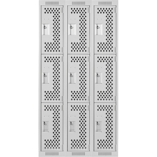 Clean Line Lockers, 3 -tier, Bank of 3, 36" x 12" x 72", Steel, Grey, Rivet (Assembled), Perforated Pathway Supply LP