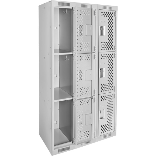 Clean Line Lockers, 3 -tier, Bank of 3, 36" x 12" x 72", Steel, Grey, Rivet (Assembled), Perforated Pathway Supply LP