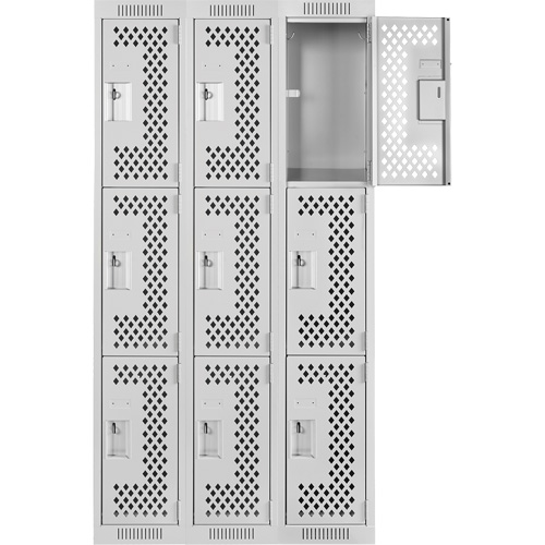 Clean Line Lockers, 3 -tier, Bank of 3, 36" x 12" x 72", Steel, Grey, Rivet (Assembled), Perforated Pathway Supply LP