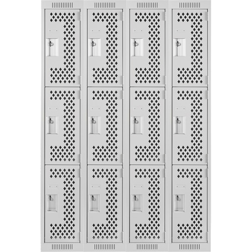 Clean Line Lockers, 3 -tier, Bank of 4, 48" x 12" x 72", Steel, Grey, Rivet (Assembled), Perforated Pathway Supply LP