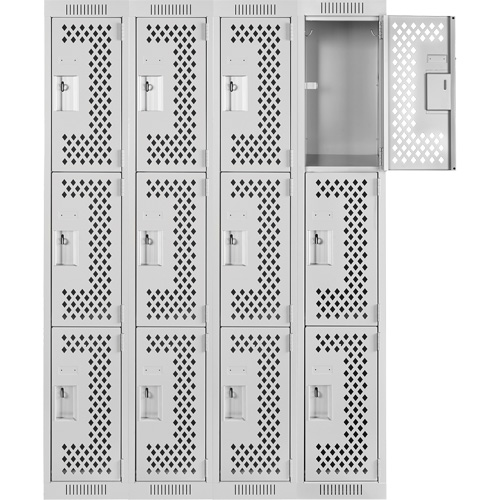 Clean Line Lockers, 3 -tier, Bank of 4, 48" x 12" x 72", Steel, Grey, Rivet (Assembled), Perforated Pathway Supply LP