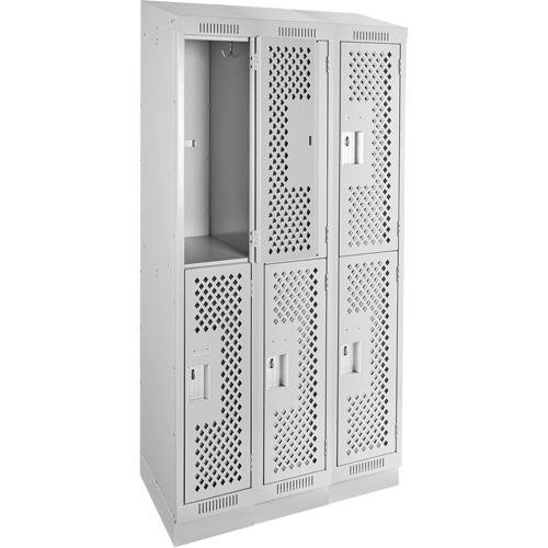 Clean Line Lockers, 2 -tier, Bank of 3, 36" x 12" x 82", Steel, Grey, Rivet (Assembled), Perforated Pathway Supply LP