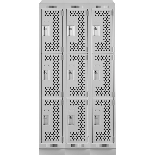 Clean Line Lockers, 3 -tier, Bank of 3, 36" x 18" x 82", Steel, Grey, Rivet (Assembled), Perforated Pathway Supply LP