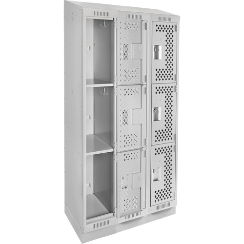 Clean Line Lockers, 3 -tier, Bank of 3, 36" x 18" x 82", Steel, Grey, Rivet (Assembled), Perforated Pathway Supply LP