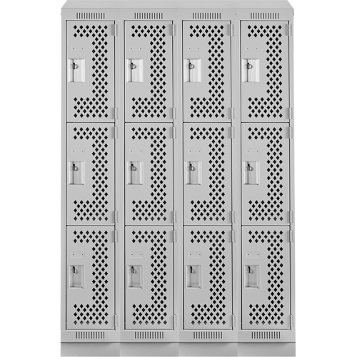 Clean Line Lockers, 3 -tier, Bank of 4, 48" x 18" x 82", Steel, Grey, Rivet (Assembled), Perforated Pathway Supply LP