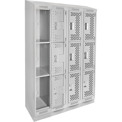Clean Line Lockers, 3 -tier, Bank of 4, 48" x 18" x 82", Steel, Grey, Rivet (Assembled), Perforated Pathway Supply LP