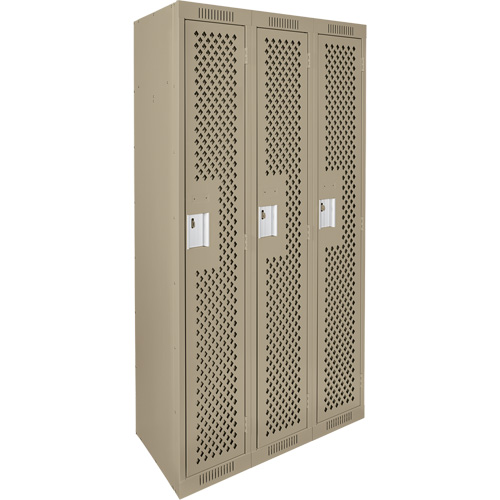 Clean Line Lockers, Bank of 3, 36" x 12" x 72", Steel, Beige, Rivet (Assembled), Perforated Pathway Supply LP