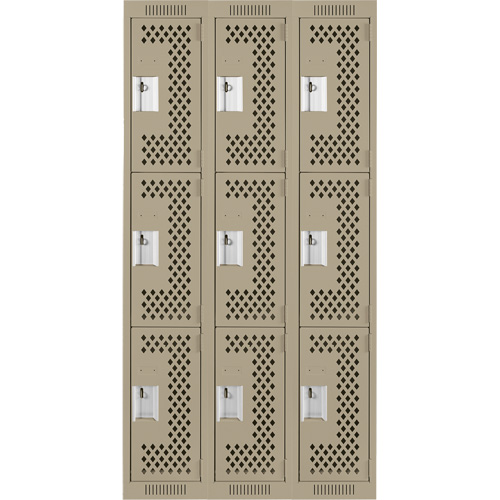 Clean Line Lockers, 3 -tier, Bank of 3, 36" x 12" x 72", Steel, Beige, Rivet (Assembled), Perforated Pathway Supply LP