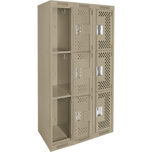 Clean Line Lockers, 3 -tier, Bank of 3, 36" x 12" x 72", Steel, Beige, Rivet (Assembled), Perforated Pathway Supply LP