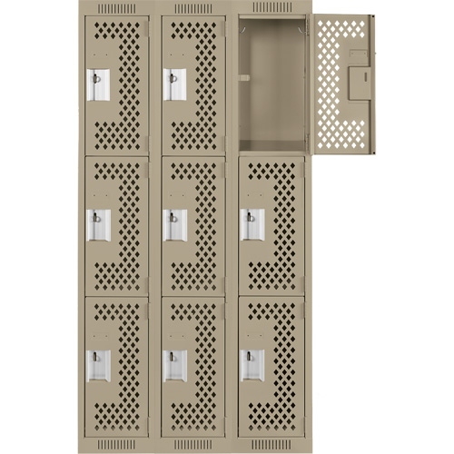 Clean Line Lockers, 3 -tier, Bank of 3, 36" x 12" x 72", Steel, Beige, Rivet (Assembled), Perforated Pathway Supply LP