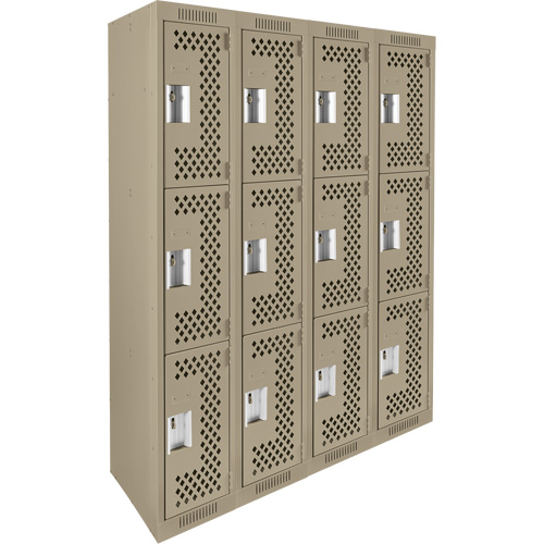 Clean Line Lockers, 3 -tier, Bank of 4, 48" x 12" x 72", Steel, Beige, Rivet (Assembled), Perforated Pathway Supply LP