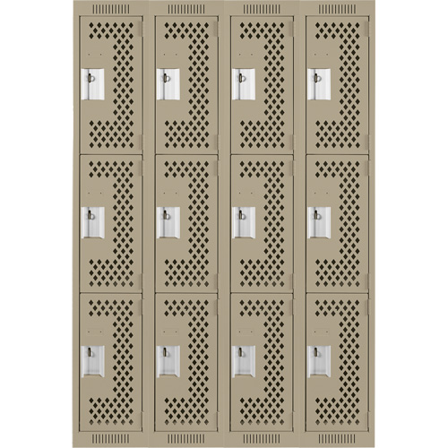 Clean Line Lockers, 3 -tier, Bank of 4, 48" x 12" x 72", Steel, Beige, Rivet (Assembled), Perforated Pathway Supply LP