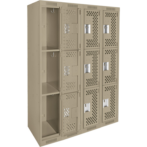 Clean Line Lockers, 3 -tier, Bank of 4, 48" x 12" x 72", Steel, Beige, Rivet (Assembled), Perforated Pathway Supply LP