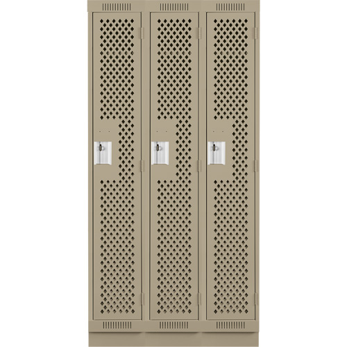 Clean Line Lockers, Bank of 3, 36" x 12" x 76", Steel, Beige, Rivet (Assembled), Perforated Pathway Supply LP