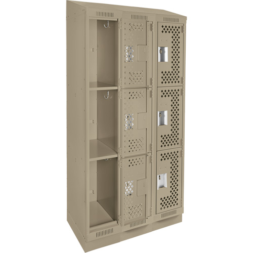 Clean Line Lockers, 3 -tier, Bank of 3, 36" x 18" x 82", Steel, Beige, Rivet (Assembled), Perforated Pathway Supply LP
