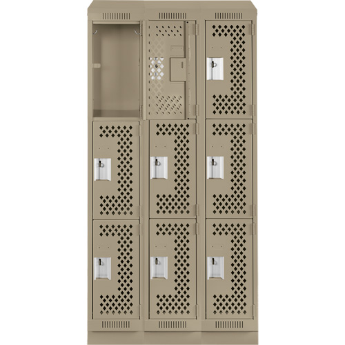 Clean Line Lockers, 3 -tier, Bank of 3, 36" x 18" x 82", Steel, Beige, Rivet (Assembled), Perforated Pathway Supply LP