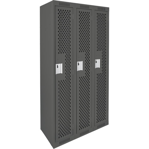 Clean Line Lockers, Bank of 3, 36" x 15" x 72", Steel, Charcoal, Rivet (Assembled), Perforated Pathway Supply LP
