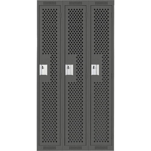 Clean Line Lockers, Bank of 3, 36" x 15" x 72", Steel, Charcoal, Rivet (Assembled), Perforated Pathway Supply LP
