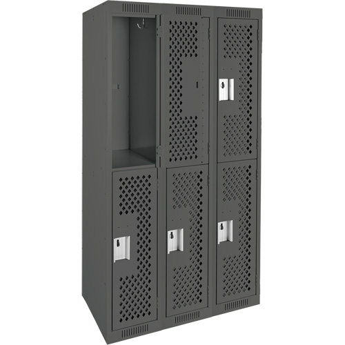 Clean Line Lockers, 2 -tier, Bank of 3, 36" x 15" x 72", Steel, Charcoal, Rivet (Assembled), Perforated Pathway Supply LP