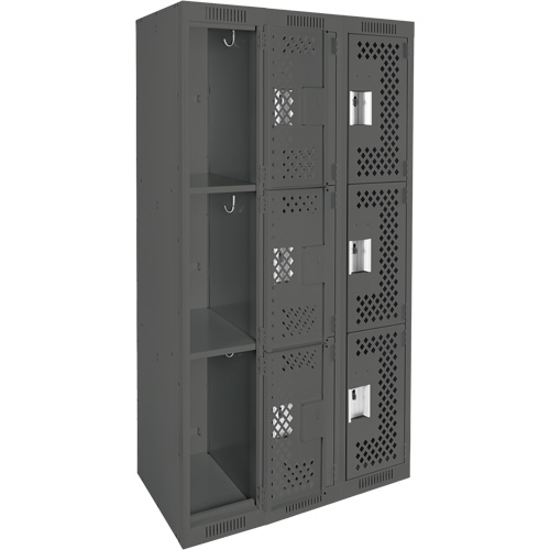 Clean Line Lockers, 3 -tier, Bank of 3, 36" x 12" x 72", Steel, Charcoal, Rivet (Assembled), Perforated Pathway Supply LP