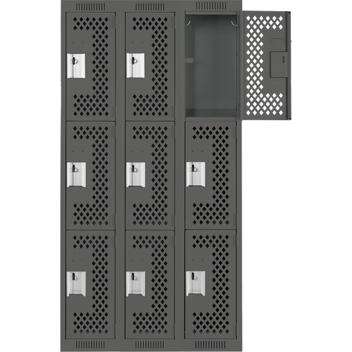 Clean Line Lockers, 3 -tier, Bank of 3, 36" x 12" x 72", Steel, Charcoal, Rivet (Assembled), Perforated Pathway Supply LP