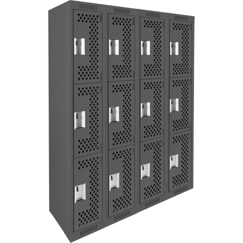 Clean Line Lockers, 3 -tier, Bank of 4, 48" x 12" x 72", Steel, Charcoal, Rivet (Assembled), Perforated Pathway Supply LP