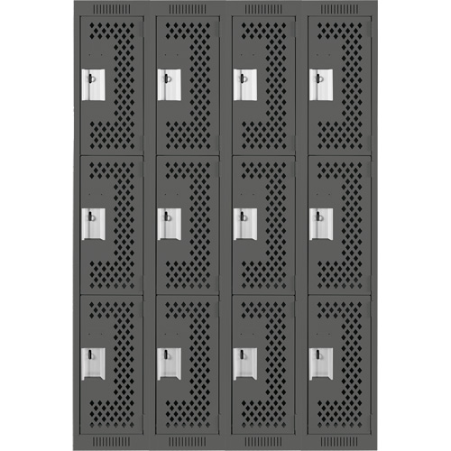 Clean Line Lockers, 3 -tier, Bank of 4, 48" x 12" x 72", Steel, Charcoal, Rivet (Assembled), Perforated Pathway Supply LP
