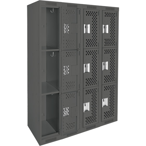 Clean Line Lockers, 3 -tier, Bank of 4, 48" x 12" x 72", Steel, Charcoal, Rivet (Assembled), Perforated Pathway Supply LP
