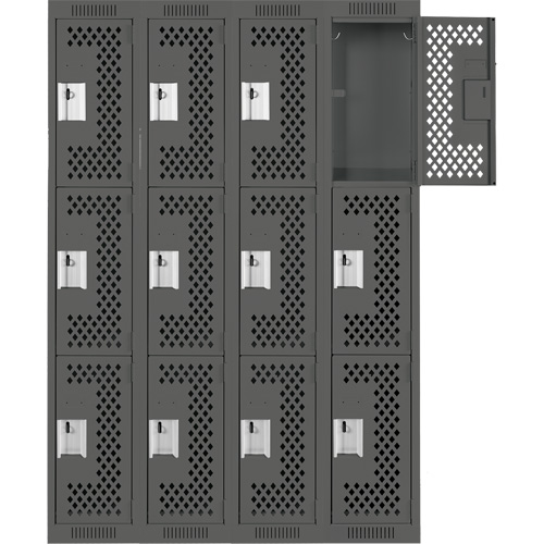 Clean Line Lockers, 3 -tier, Bank of 4, 48" x 12" x 72", Steel, Charcoal, Rivet (Assembled), Perforated Pathway Supply LP