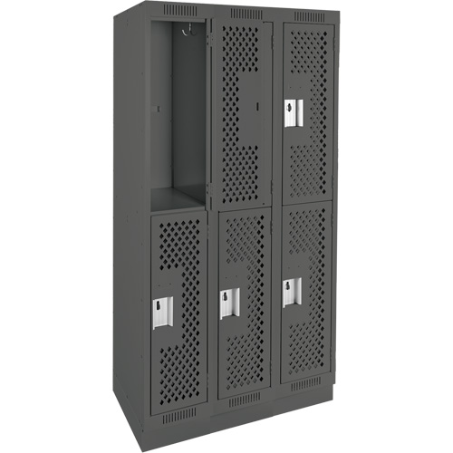 Clean Line Lockers, 2 -tier, Bank of 3, 36" x 12" x 76", Steel, Charcoal, Rivet (Assembled), Perforated Pathway Supply LP