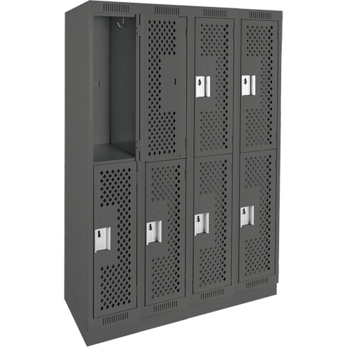 Clean Line Lockers, 2 -tier, Bank of 4, 48" x 12" x 76", Steel, Charcoal, Rivet (Assembled), Perforated Pathway Supply LP