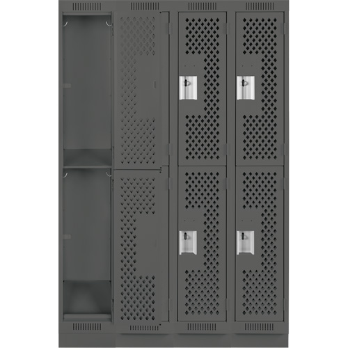 Clean Line Lockers, 2 -tier, Bank of 4, 48" x 12" x 76", Steel, Charcoal, Rivet (Assembled), Perforated Pathway Supply LP