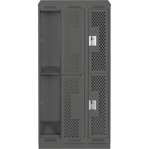 Clean Line Lockers, 2 -tier, Bank of 3, 36" x 12" x 82", Steel, Charcoal, Rivet (Assembled), Perforated Pathway Supply LP