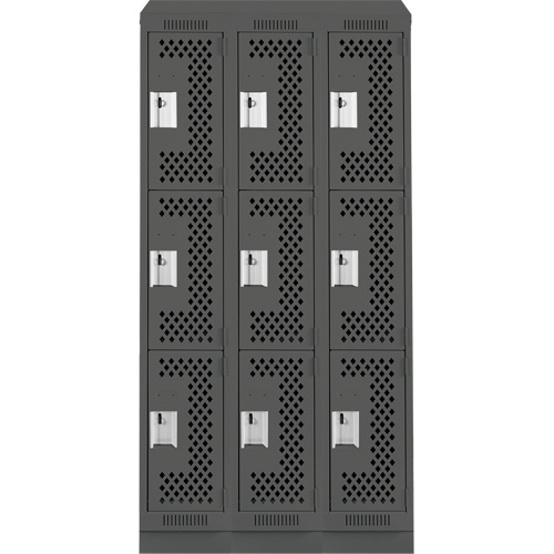 Clean Line Lockers, 3 -tier, Bank of 3, 36" x 18" x 82", Steel, Charcoal, Rivet (Assembled), Perforated Pathway Supply LP