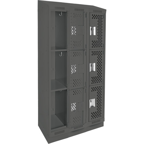 Clean Line Lockers, 3 -tier, Bank of 3, 36" x 18" x 82", Steel, Charcoal, Rivet (Assembled), Perforated Pathway Supply LP