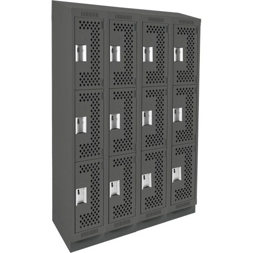 Clean Line Lockers, 3 -tier, Bank of 4, 48" x 18" x 82", Steel, Charcoal, Rivet (Assembled), Perforated Pathway Supply LP