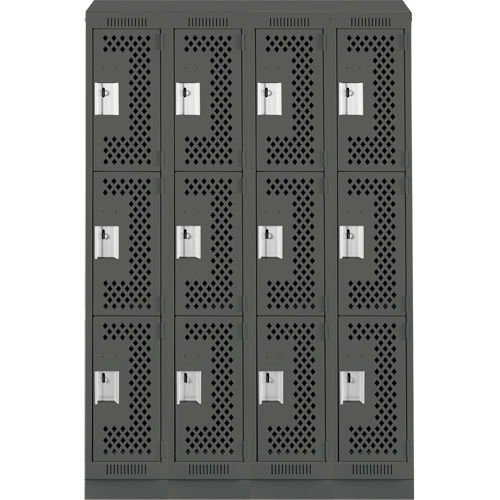 Clean Line Lockers, 3 -tier, Bank of 4, 48" x 18" x 82", Steel, Charcoal, Rivet (Assembled), Perforated Pathway Supply LP