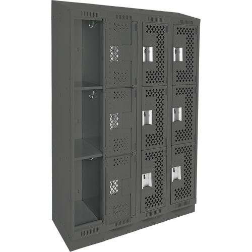 Clean Line Lockers, 3 -tier, Bank of 4, 48" x 18" x 82", Steel, Charcoal, Rivet (Assembled), Perforated Pathway Supply LP