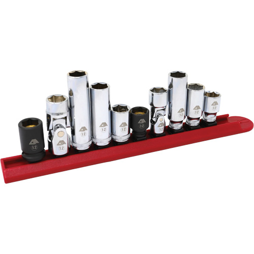 Jeu de douilles chrom&eacute;es avec rail, 10 Morceaux, Prise de 1/4"/3/8" Pathway Supply LP