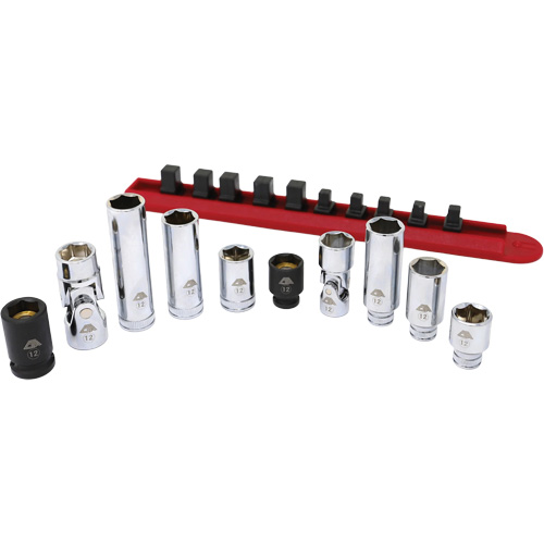 Jeu de douilles chrom&eacute;es avec rail, 10 Morceaux, Prise de 1/4"/3/8" Pathway Supply LP