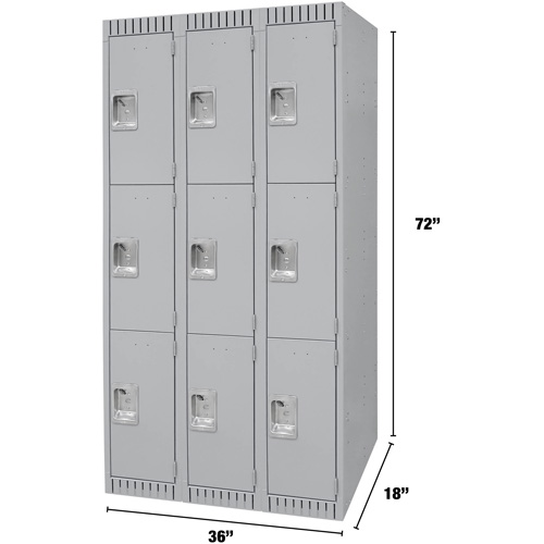Lockers, 3 -tier, Bank of 3, 36" x 18" x 72", Steel, Grey, Knocked Down Pathway Supply LP