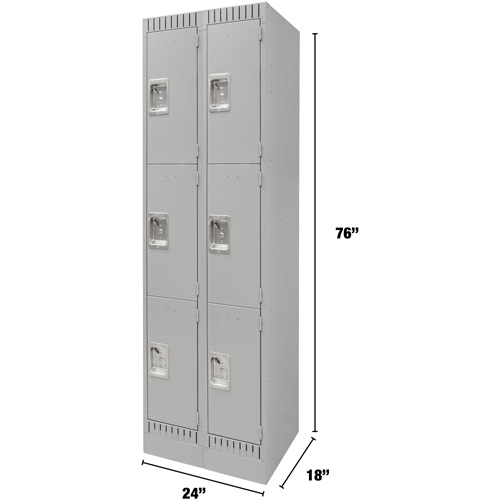 Lockers, 3 -tier, Bank of 2, 24" x 18" x 76", Steel, Grey, Knocked Down Pathway Supply LP