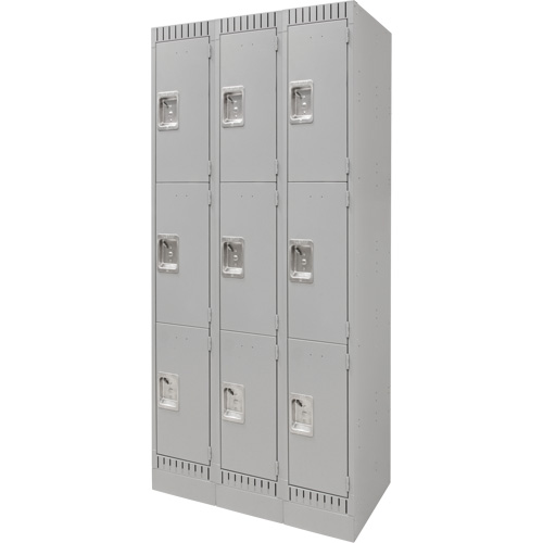 Lockers, 3 -tier, Bank of 3, 36" x 18" x 76", Steel, Grey, Knocked Down Pathway Supply LP